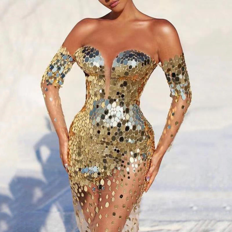 Evening Dress Elegant  One Shoulder Sleeveless Sequined Mesh Temperament Sexy Long Dress Women Bodycon Party Formal Dress