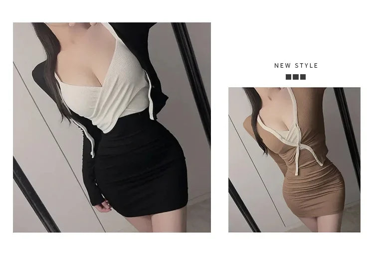 Korean Dongdaemun Slim Fit Sexy Pure Desire Wrap Body Strap Dress Long Sleeve Cardigan Two Piece Set Women's Fashion Outfit