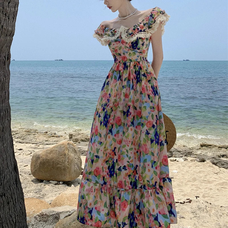 Elegant Dress for Women Print Slash Neck French Style Fashion Dresses Pleated Slim Folds Sweet Vintage New Women's Summer Dress