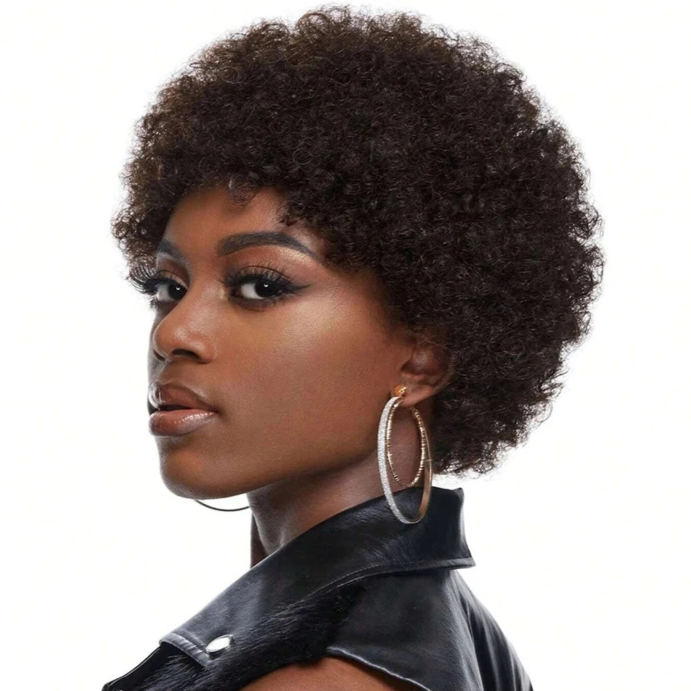 Afro Kinky Curly Pixie Cut Bangs Wig Natural Black Human Hair Short Wig Full Machine Made Wig Natural Looking Replacement Wig