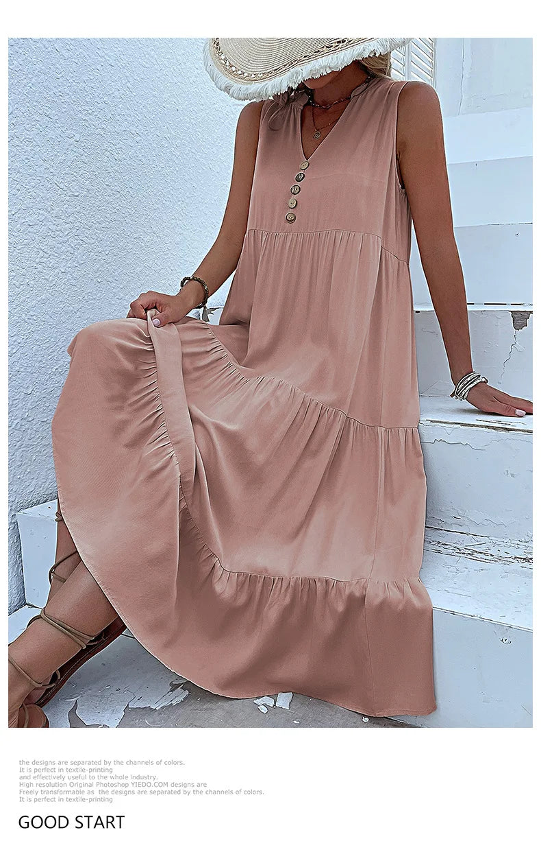 Dresses for Women 2025 Summer V-neck Single-breasted Vest Dress Sleeveless Loose Casual Solid Color Dress Vestidos De Mujer