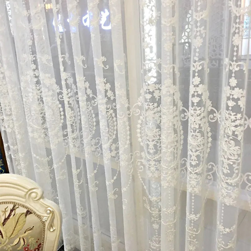 White Elegant Lxury Curtains, Tulle Contain Pearls Embroidery Beads Window Drapes ,Curtain Volie Sheer for Living Room Finished