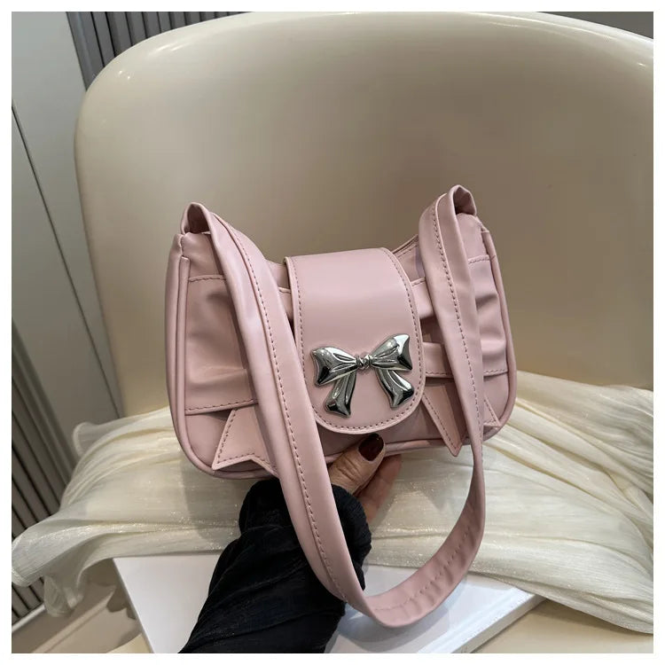 Sweet Bow Small Underarm Bag for Women Fashion PU Leather Ladies Portable Shoulder Bags Solid Color Female Clutch Handbags