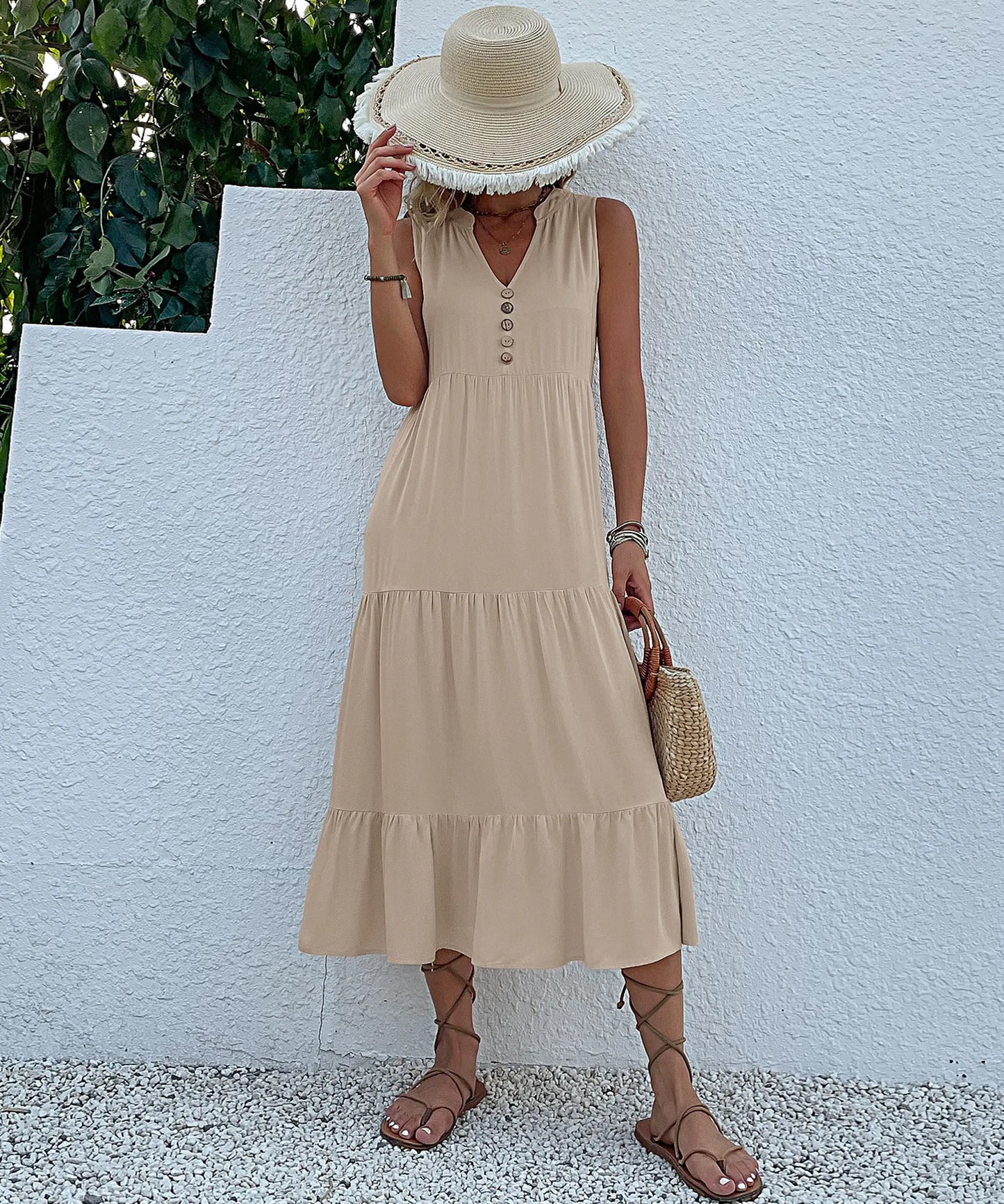 Dresses for Women 2025 Summer V-neck Single-breasted Vest Dress Sleeveless Loose Casual Solid Color Dress Vestidos De Mujer
