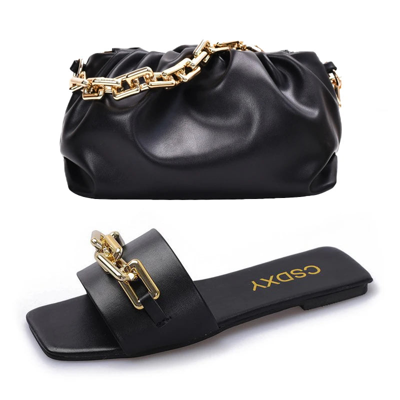 High Quality Purse And Handbag PU Leather Purses And Chain Sandals Sets Flat Shoes And Bag Set Matching Handbag For Women Luxury