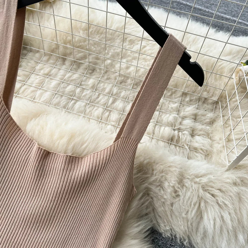 Summer Knit Sexy Strap Dress Women Tank Elatic Waist Bodycon Sundress Female Beach  Backless Maxi Long Dress