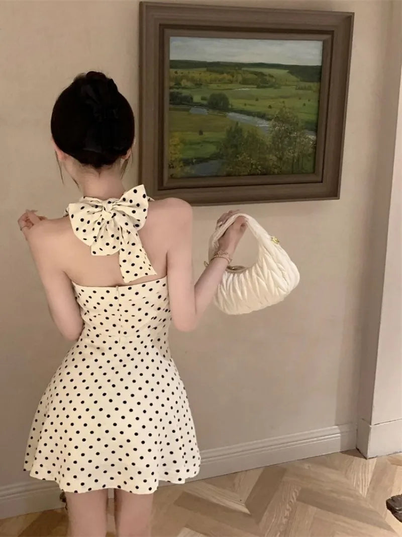 French Halterneck Polka Dot Sling Fluffy Dress Women Lace Up Collarbone Sleeveless Sweet Gentle Slim Summer Chic Lady Spicy Wear