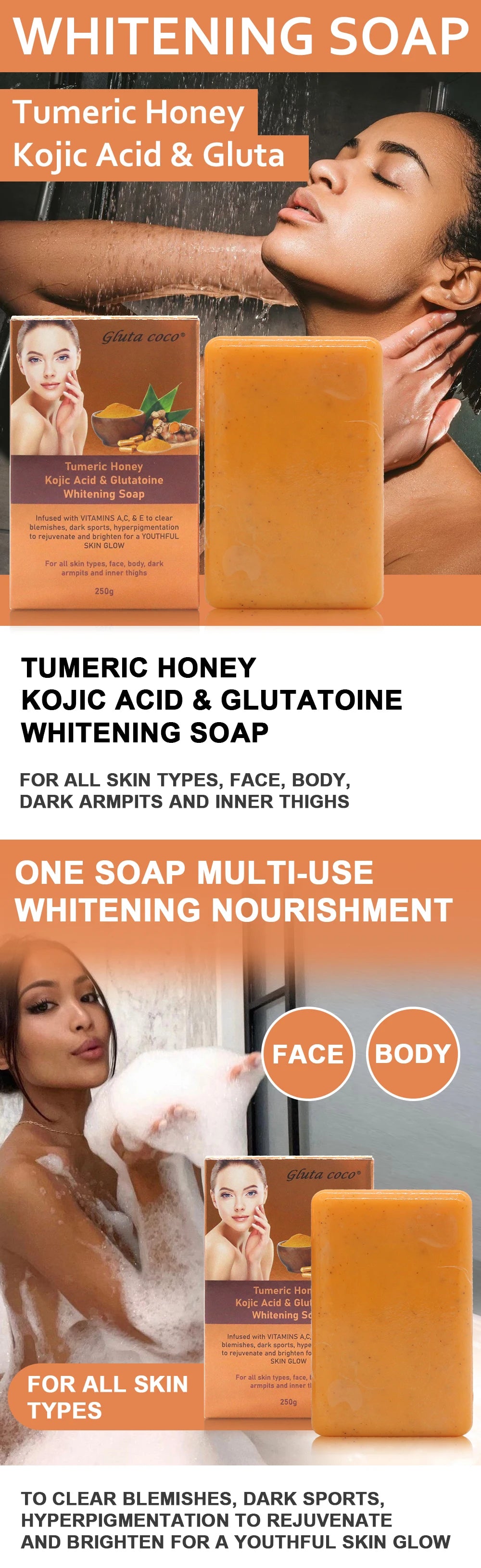 Gluta Coco Tumeric Honey Face Whitening Cleansing Soap Improve Skin Remove Acne Face Skincare Products Natural Handmade Soap