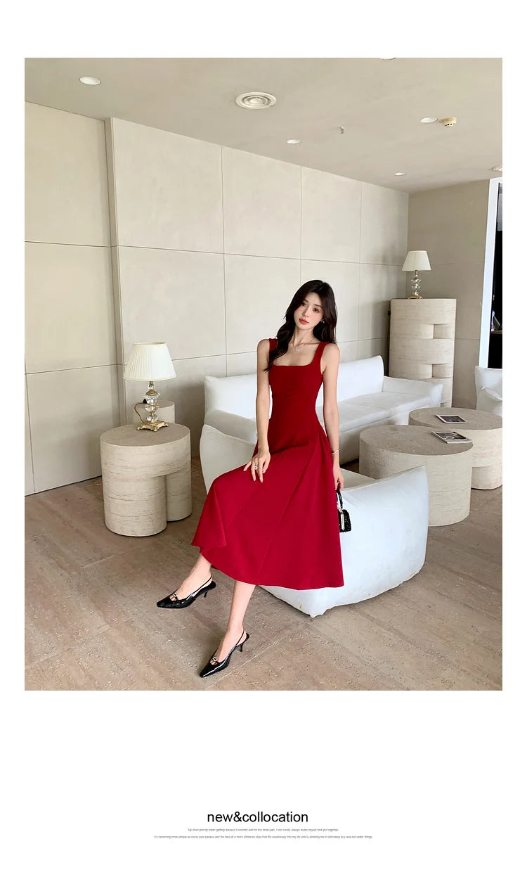 Women's Elegant Red Evening Dresses Sleeveless Wedding Guest Dress Spaghetti Strap A-Line White Party Female Prom gown Vestidos