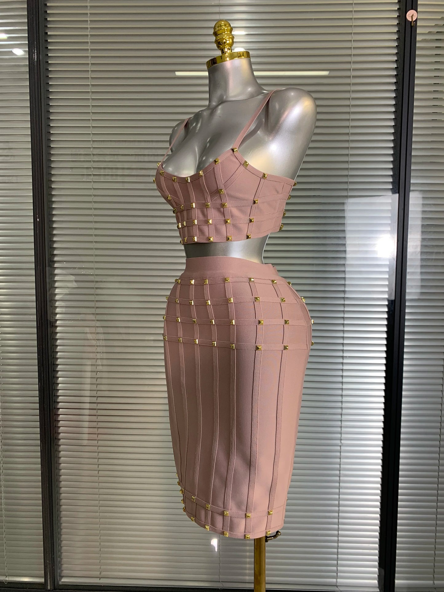 Summer New 2025 Women Sexy Pink Rivet Bandage Two Piece Set Celebrity Evening Party Skirt Suits