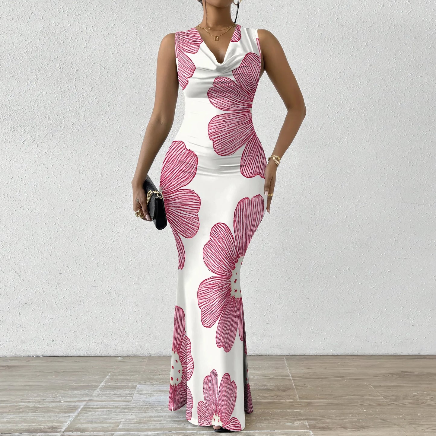 Women's Summer Rehearsal Dinner Dresses for Bride Sexy Floral Bodycon Dress Mermaid Elegant Sleeveless V Neck Formal Maxi Dresse