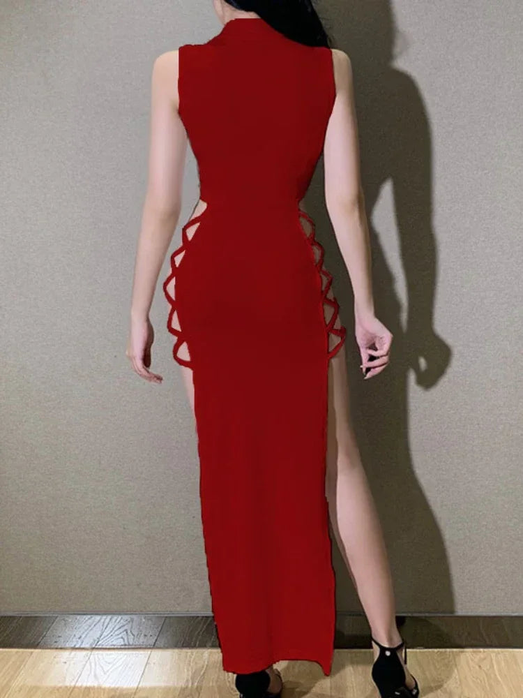 Sexy Side Split Cross Bandage Bodycon Dress Women Solid Color Sleeveless Asymmetric Skinny Dress Elegant Club Party Vestidos