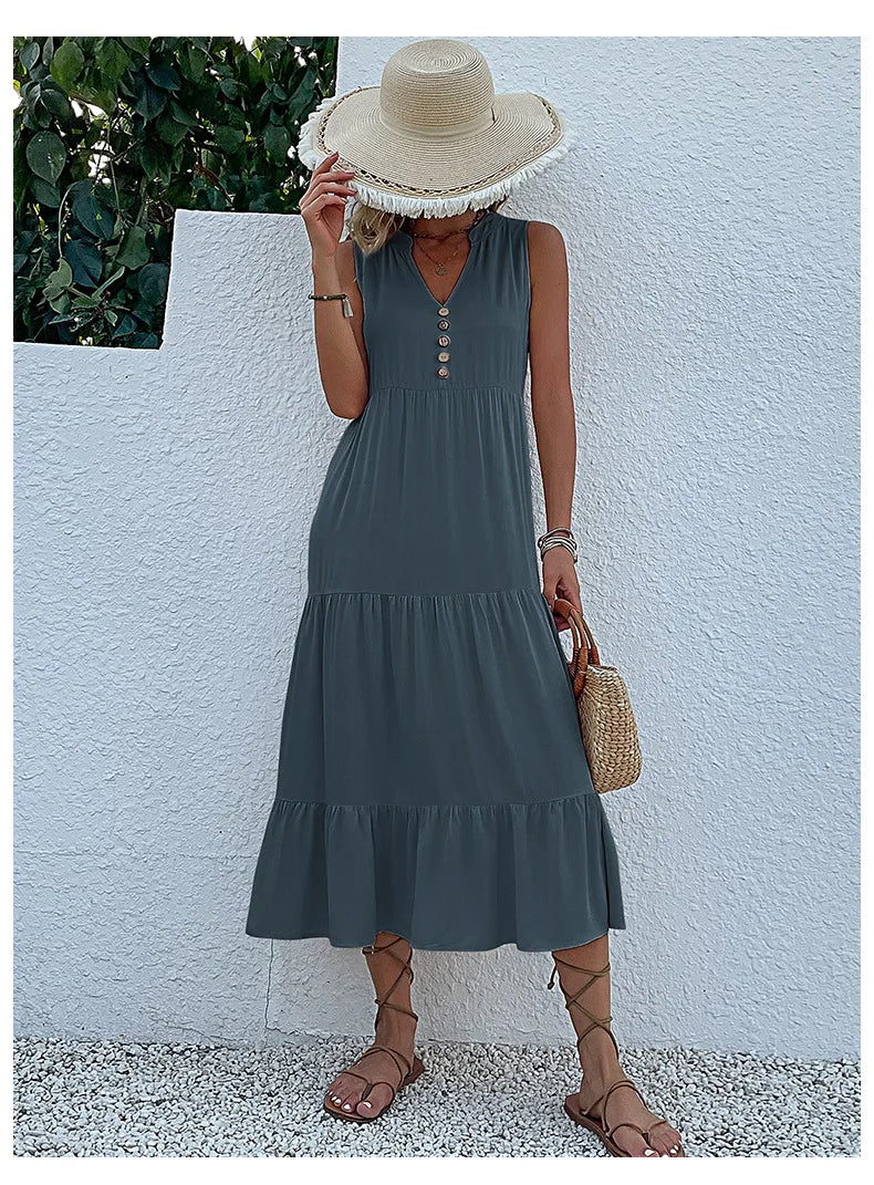 Dresses for Women 2025 Summer V-neck Single-breasted Vest Dress Sleeveless Loose Casual Solid Color Dress Vestidos De Mujer