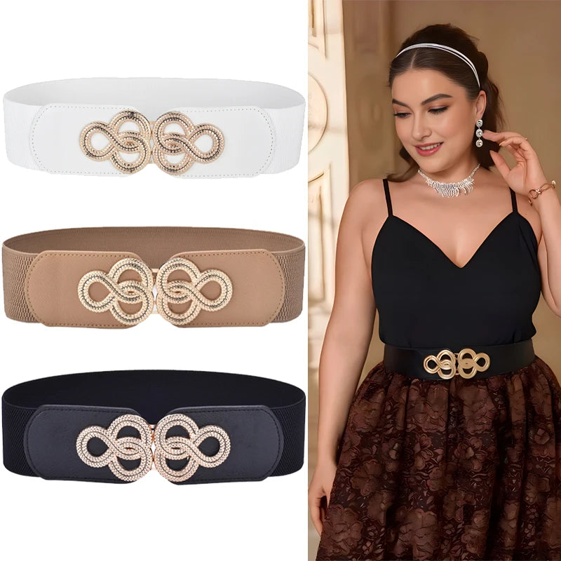 Womens Wide Elastic Belt Stretch Leather Belt Gold Buckle Belts for Dress S-XXL