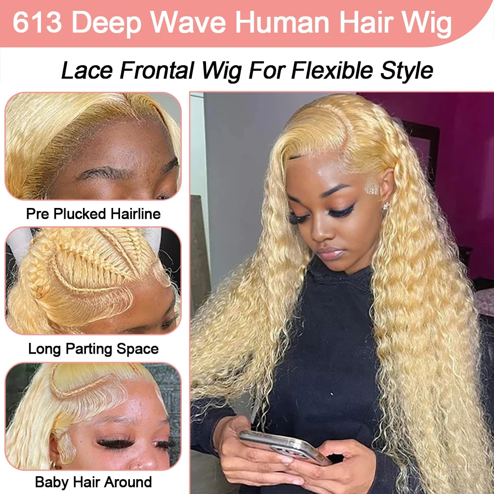 613 Blonde HD Lace Frontal Wig 13x4 13×6 Deep Wave Lace Front Human Hair Wig Colored Curly Wigs Water Wave Wigs For Women 