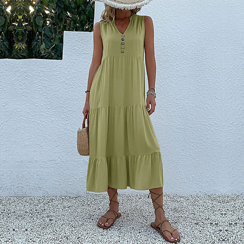 Dresses for Women 2025 Summer V-neck Single-breasted Vest Dress Sleeveless Loose Casual Solid Color Dress Vestidos De Mujer