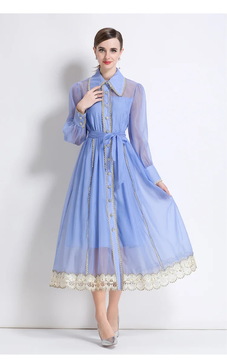 Dresses for Women Fashion Long Sleeve Turn Down Collar Women Dress White Sashes A-LINE Dress Women Vestidos De Verano Mujer Q337