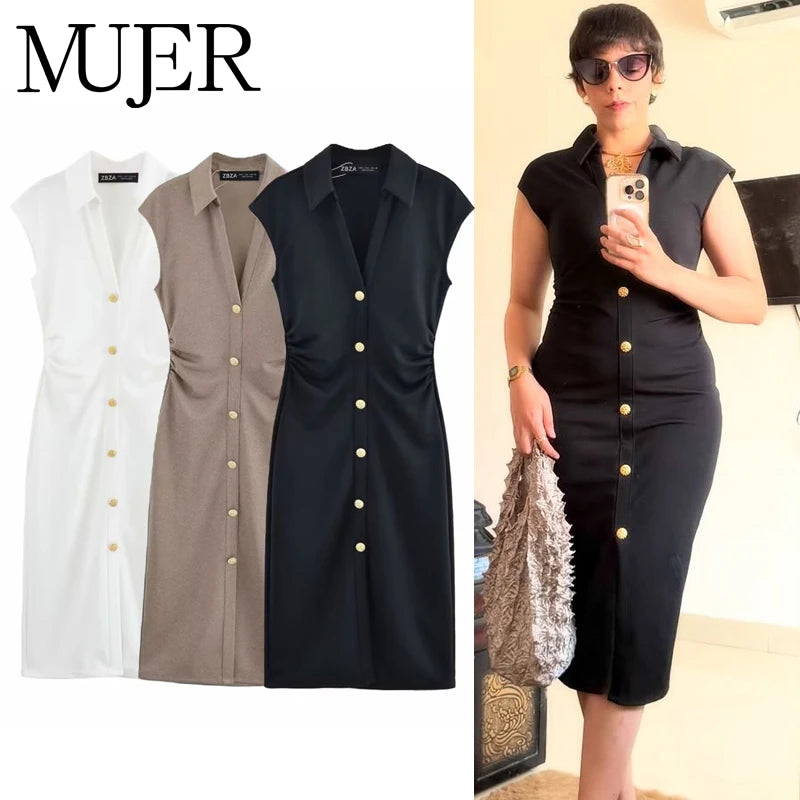 MUJER 2025 Pleated Midi Dresses for Women Sleeveless Shirt Dress Woman White Black Women's Summer Dress Draped Party Dress Women