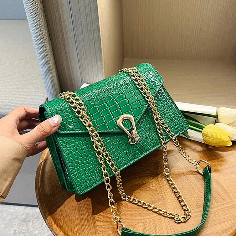 Crocodile Pattern Shoulder Bags For Women Fashion Chains Squre Bag Purse Female Pu Leather Crossbody Handbag Daily Phone Clutch