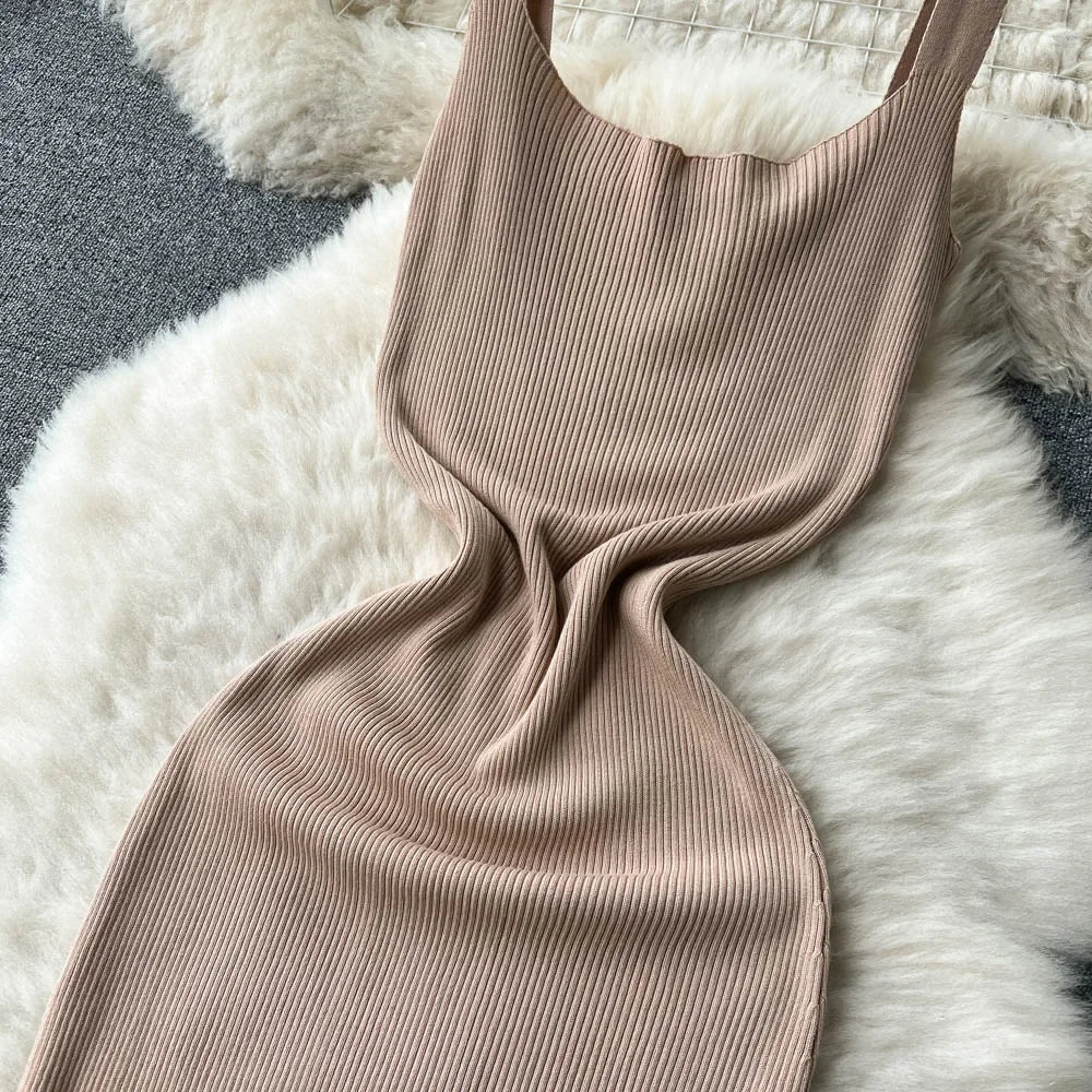 Summer Knit Sexy Strap Dress Women Tank Elatic Waist Bodycon Sundress Female Beach  Backless Maxi Long Dress