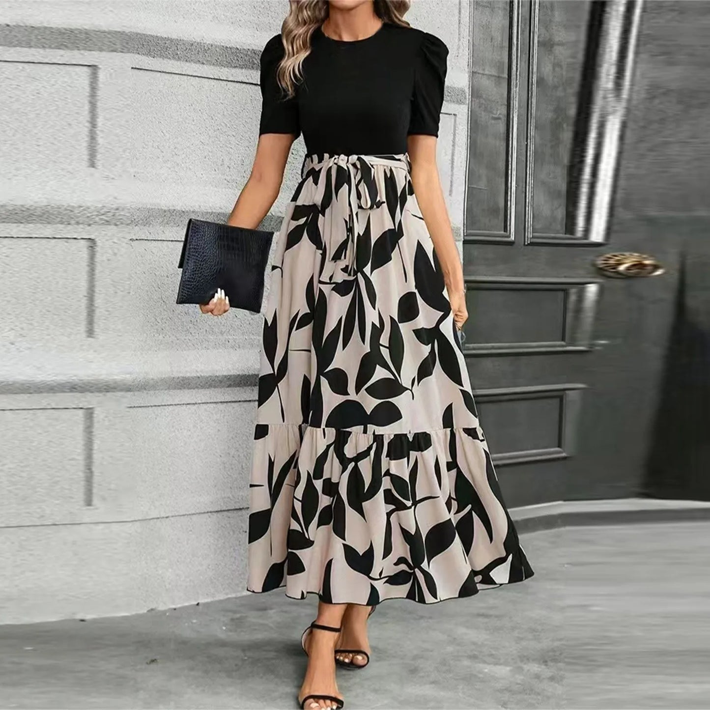 Dresses Elegant Office Lady Outfits A-line Lace-up Slim Fit Waist Ruffle Hem Skirt Women Dress Summer vestidos de mujer casuales