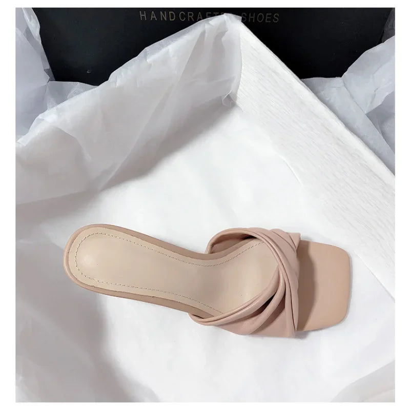 Fashion Summer Women Shoes New Handmade Square Open Toe High Heels Outdoor Fashion Slippers Apricot Off White