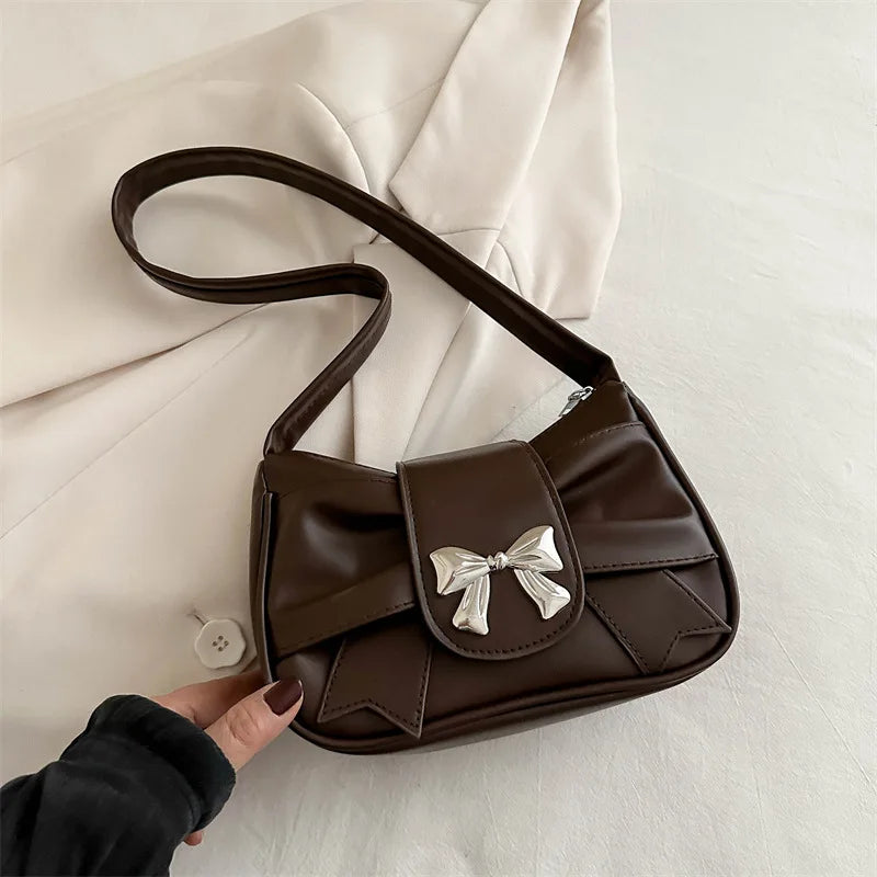Sweet Bow Small Underarm Bag for Women Fashion PU Leather Ladies Portable Shoulder Bags Solid Color Female Clutch Handbags