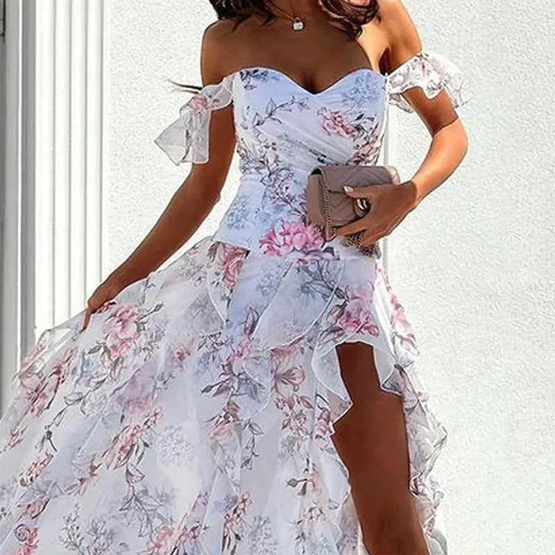 Elegant Party Dresses for Women 25 New Casual Fashion Print Trend Sexy Spicy Girl Off Shoulder Strap Split Waist Dress Vacation