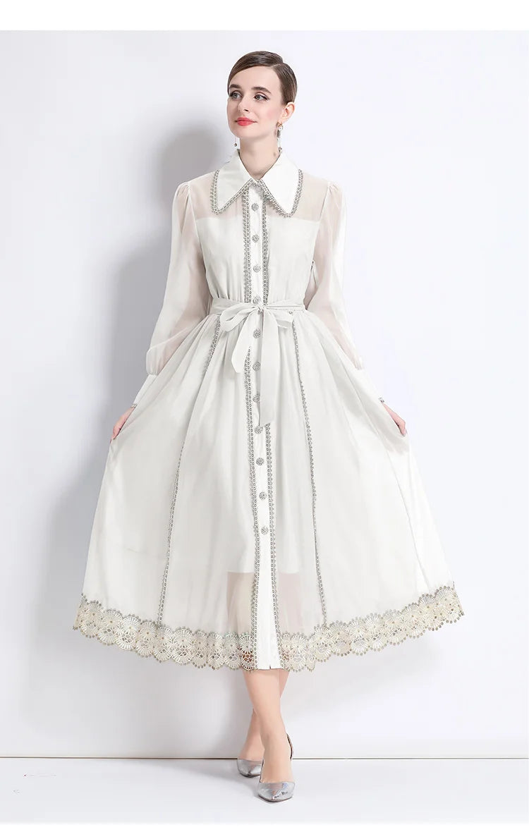 Dresses for Women Fashion Long Sleeve Turn Down Collar Women Dress White Sashes A-LINE Dress Women Vestidos De Verano Mujer Q337