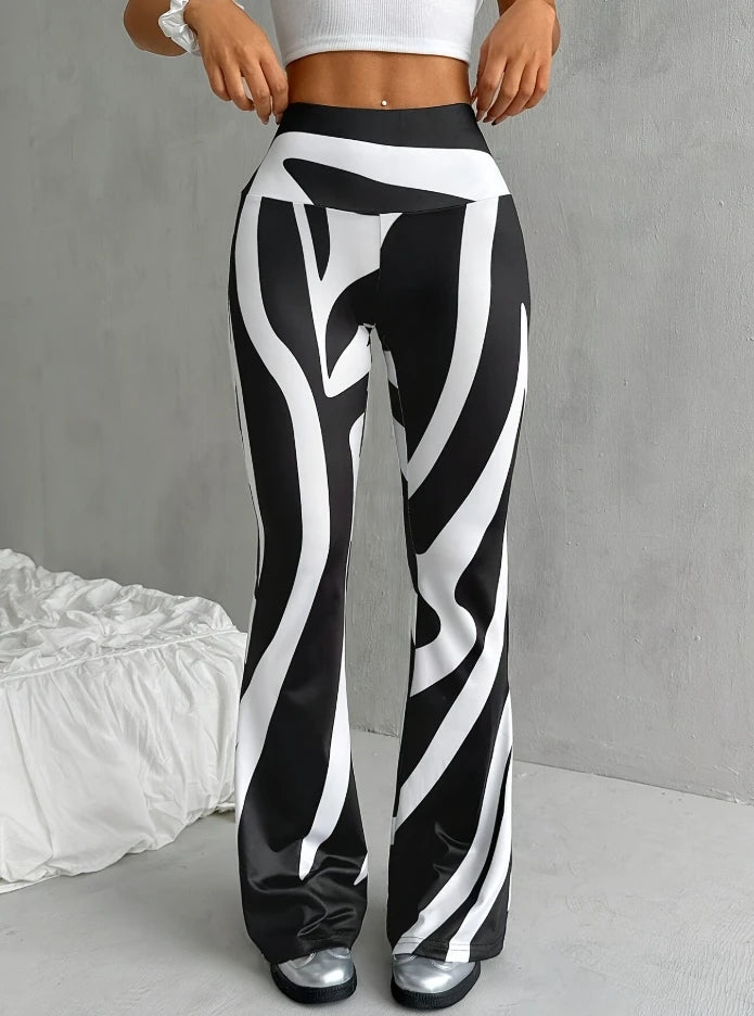 2025 Women Casual Joggers Tech Pants Fashionable Printed High Waisted Casual Flared Pants for Women