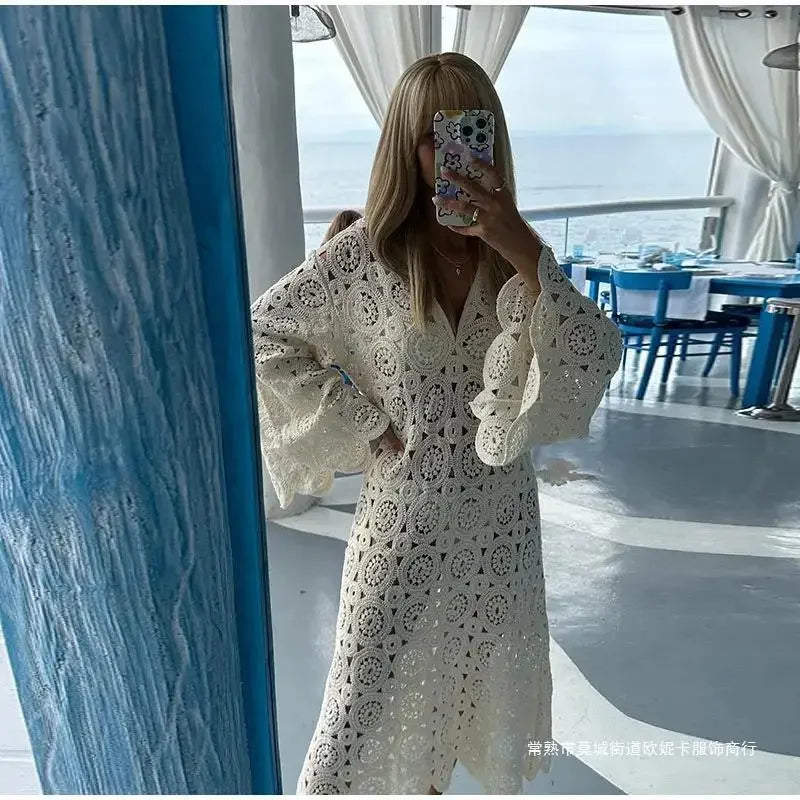 Women's Dress 2024 Summer New Lace Embroidered Hollow Long Dresses for Women