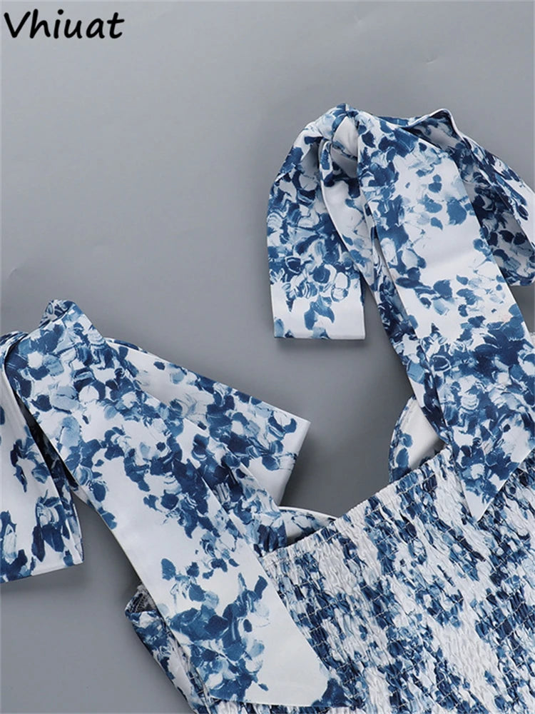 Vhiuat Blue Floral Print Cute Elegant Off Shoulder Mini A-Line Dress Lace Up Fashion Women Party Evening Dresses Summer 2024