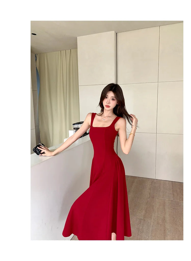 Women's Elegant Red Evening Dresses Sleeveless Wedding Guest Dress Spaghetti Strap A-Line White Party Female Prom gown Vestidos