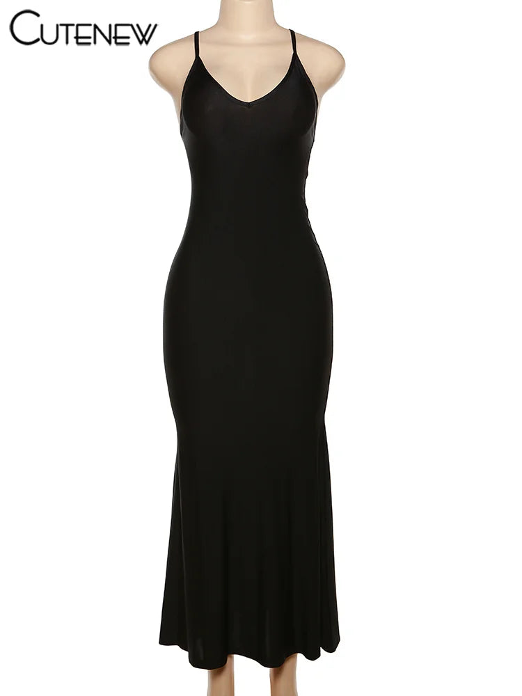 Cutenew Red Shiny Spaghetti Strap Maxi Dress Women Solid Sexy Backless Ruched Cleavage Body-shaping Robe Lady Hipster Streetwear