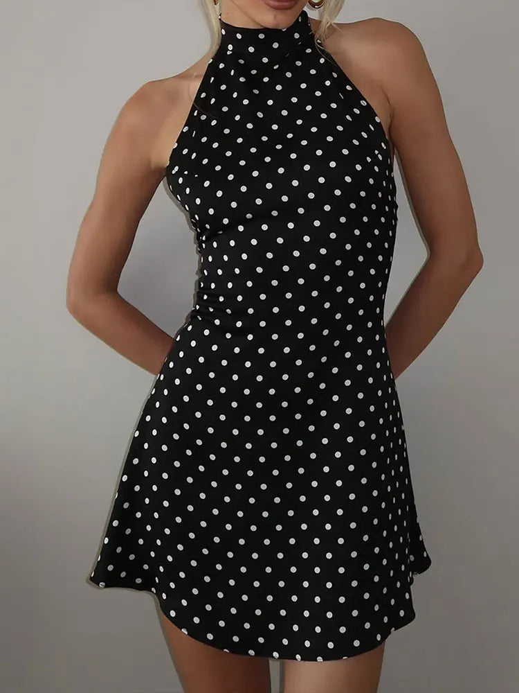 Women's Dresses New Summer Streetwear Fashion Dot Print Halter Dress Sexy Sleeveless Backless Elegant Female Dresses Clothing