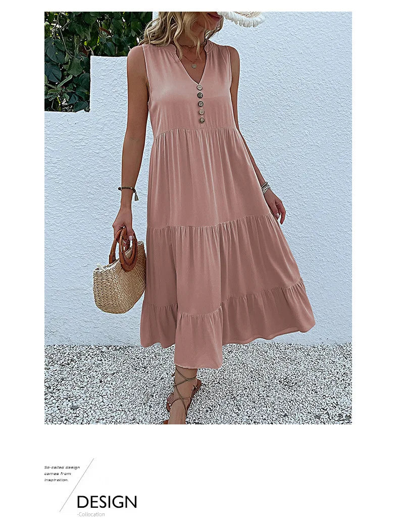 Dresses for Women 2025 Summer V-neck Single-breasted Vest Dress Sleeveless Loose Casual Solid Color Dress Vestidos De Mujer