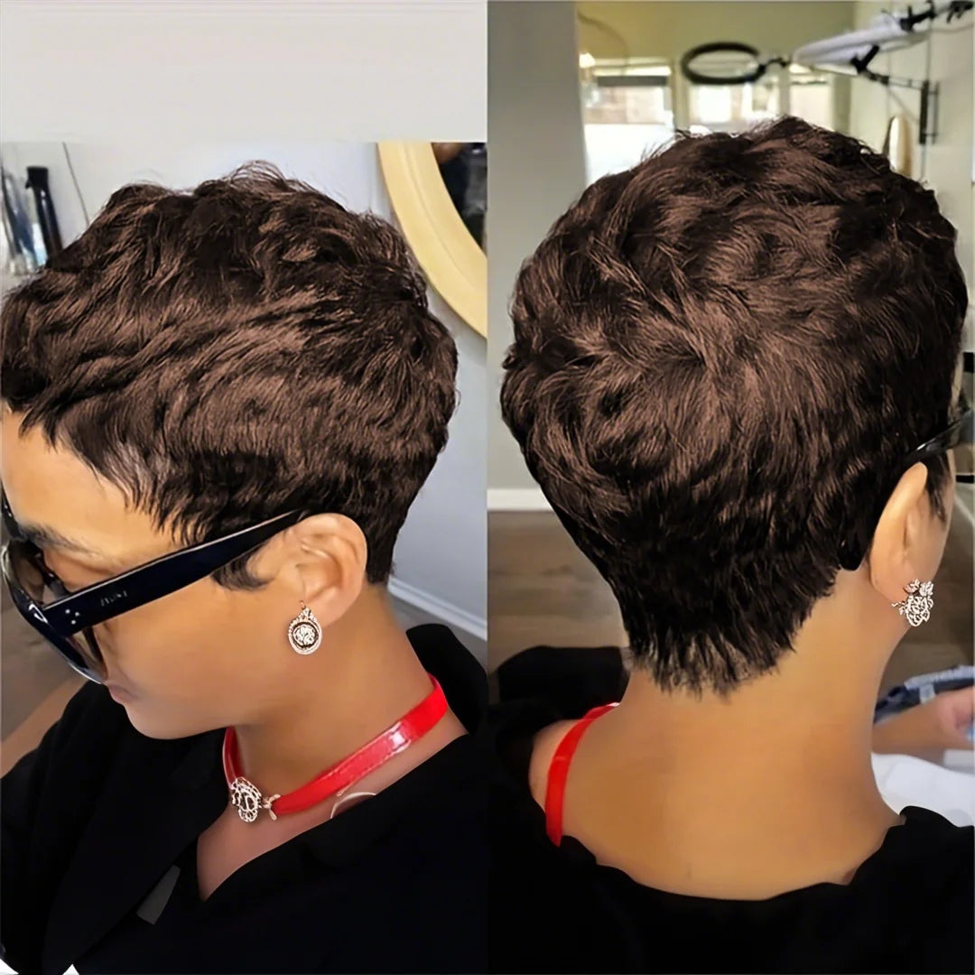 6inch Short Pixie Cut Straight Wig 100% Human Hair for Women Machine Made with Pre-Styled Bangs Tangle-Free Natural Hairline