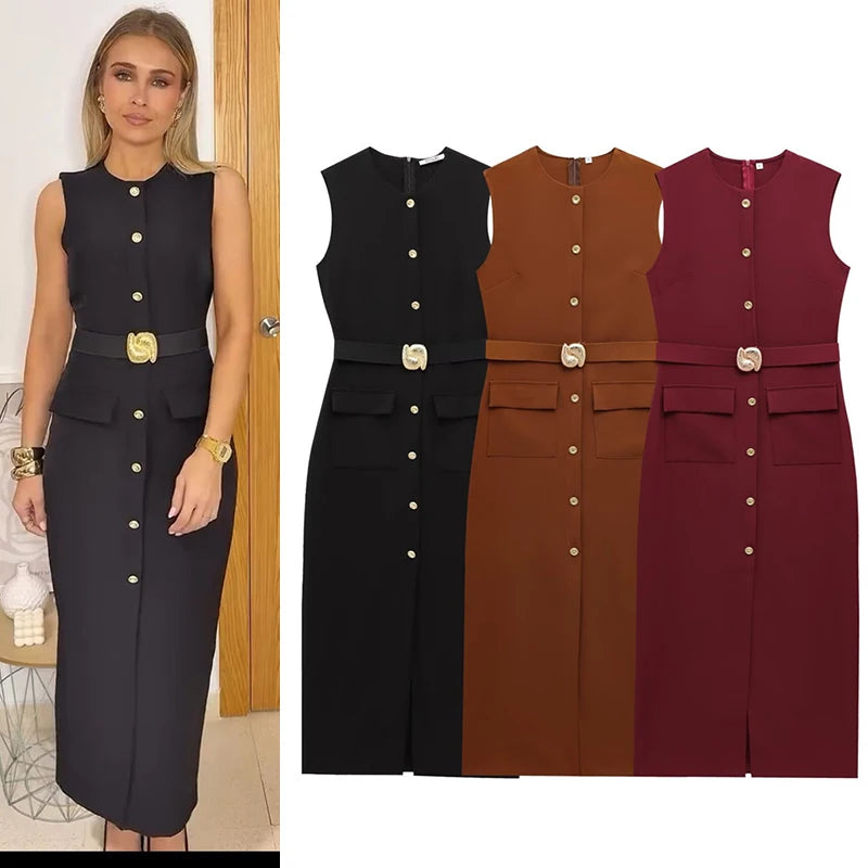 Women's Dress Black Long Dresses Spring Summer 2025 Button Up Sleeveless Sundress Vestidos Elegant Casual Women's Dresses
