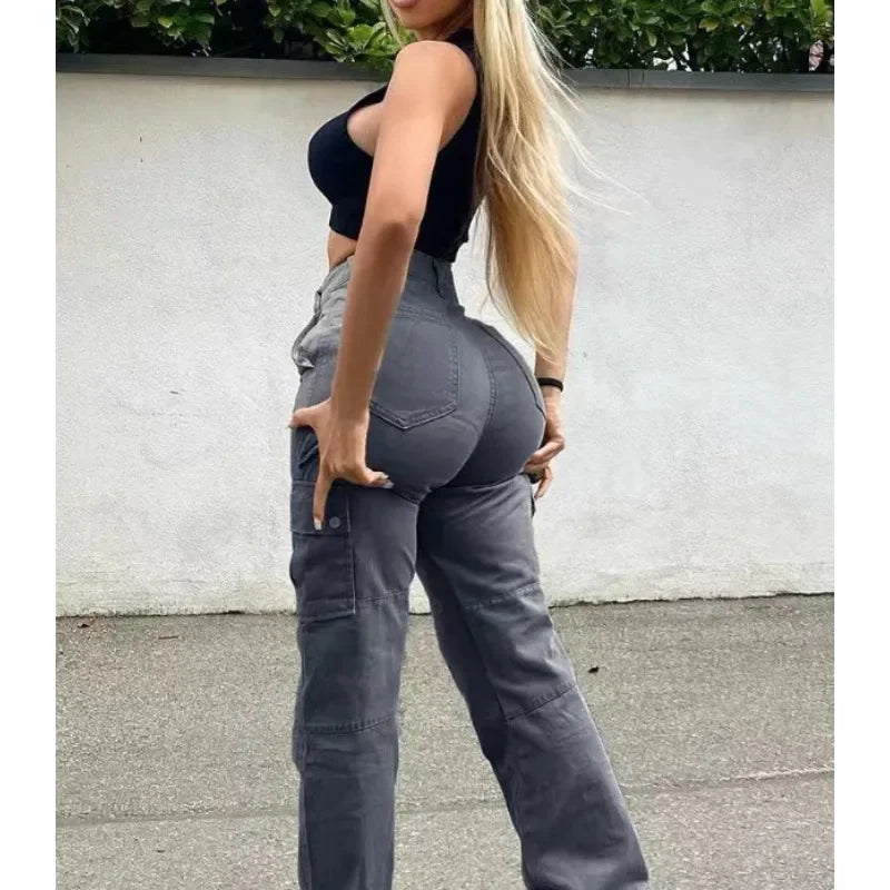 Women High Waist High Elastic Solid Jeans 2023 New Autumn Jeans Women Workwear with Pocket Denim Straight-Leg Pants Cargo Pants