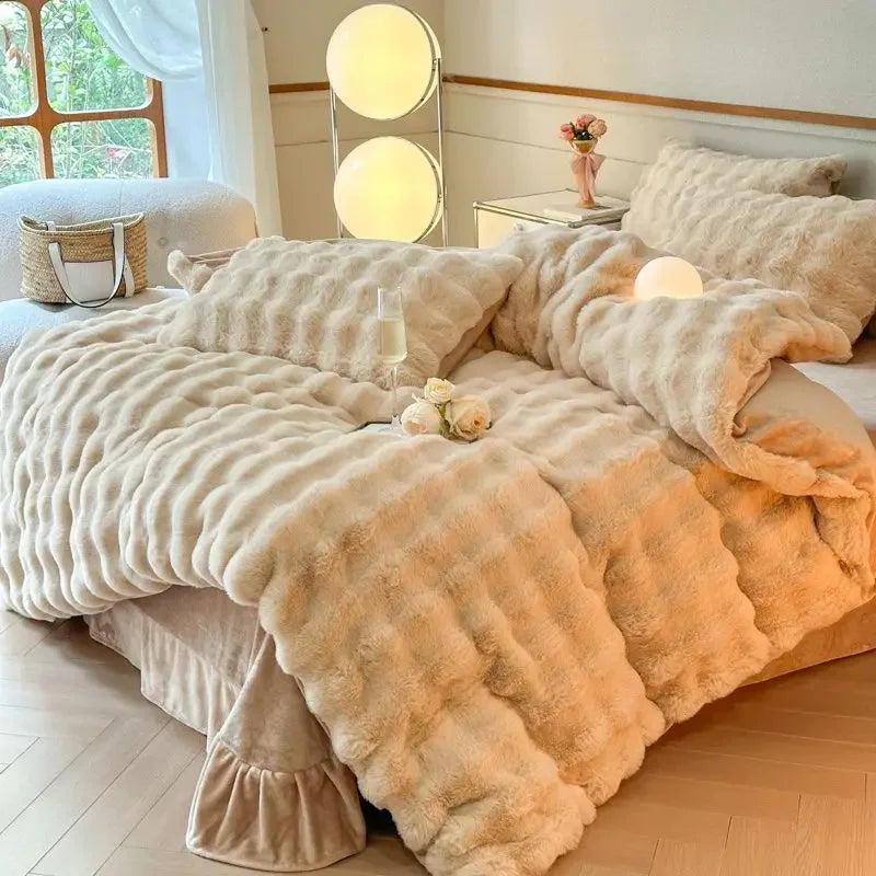 4pcs High End Rabbit Plush Bed Four Piece Set Winter Thick Warm Bubble Velvet Cover Set Lace Bed Sheet Skirt Pillowcases Bedding