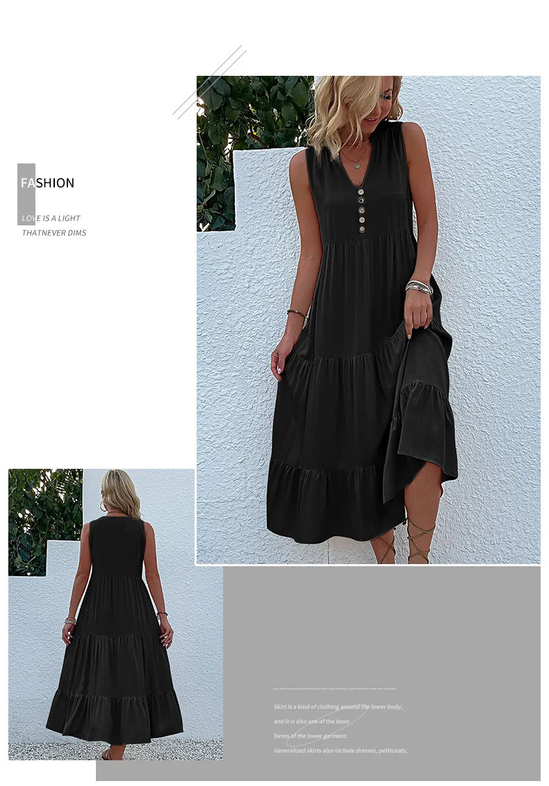 Dresses for Women 2025 Summer V-neck Single-breasted Vest Dress Sleeveless Loose Casual Solid Color Dress Vestidos De Mujer