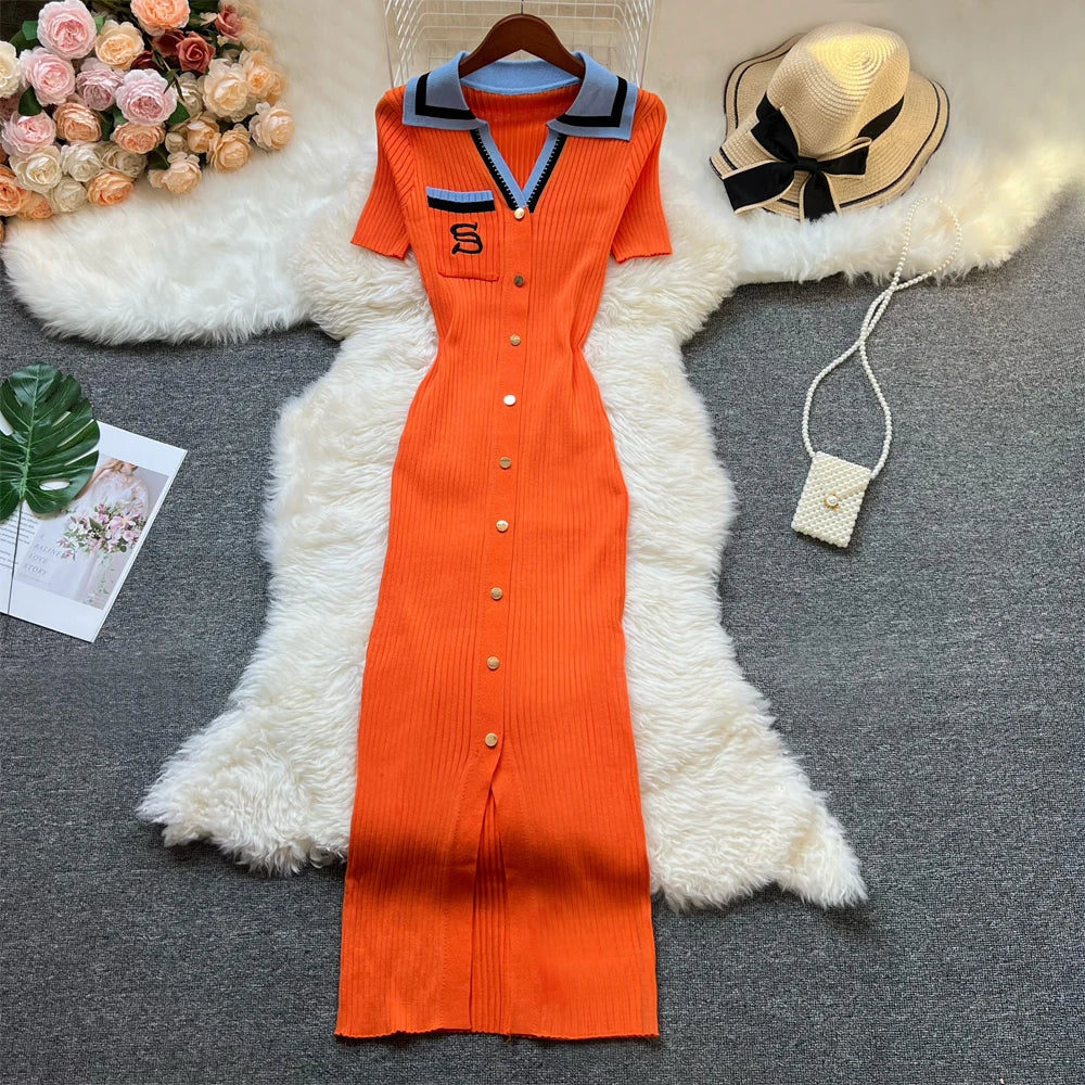 YuooMuoo Chic Fashion Sexy Package Hips Knitted Long Dress Women Brand Fashion Turn-down Collar Embroidery Bodycon Shirt Dress