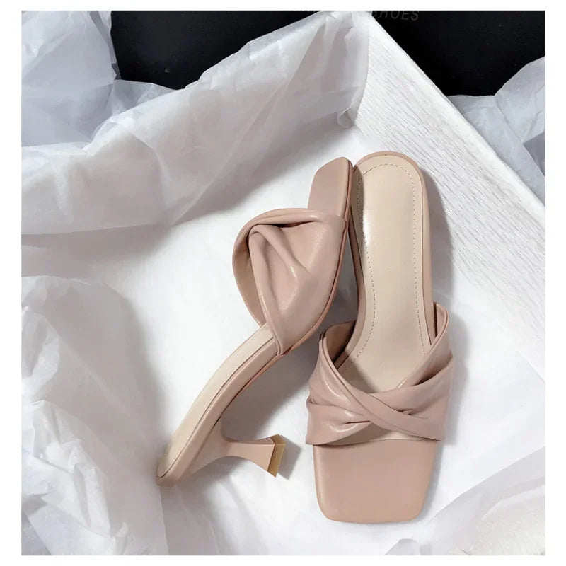 Fashion Summer Women Shoes New Handmade Square Open Toe High Heels Outdoor Fashion Slippers Apricot Off White