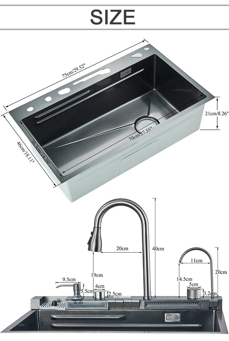 304 Stainless Steel Kitchen Sink with Digital Display Waterfall Faucet, Multifunctional 75*45cm Large Single Slot Whale Sink