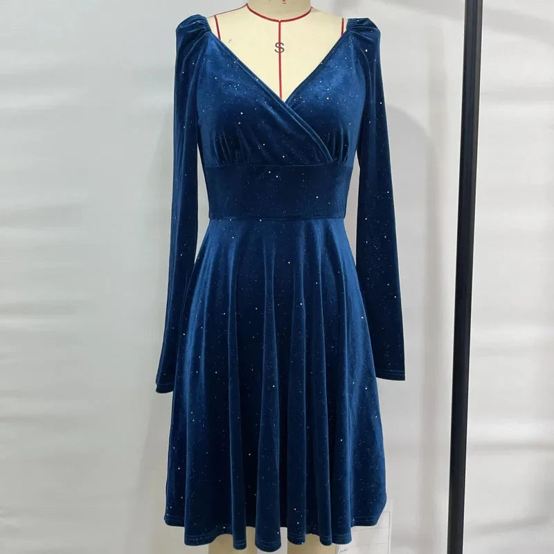 Dresses for Women 2025 Autumn Black Long Sleeve Women Dress Elegant V-Neck Slim A-LINE Dress Women Vestidos De Verano Mujer Q40