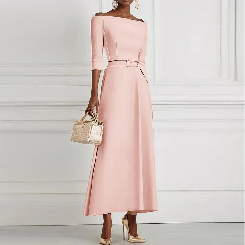 Elegant Party Dresses For Women One Shoulder Half Sleeve High Waisted A-Line Long Dress Women Offfice Dress White