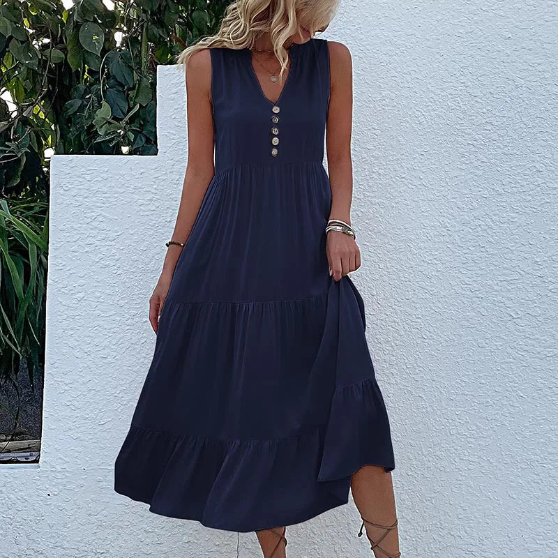 Dresses for Women 2025 Summer V-neck Single-breasted Vest Dress Sleeveless Loose Casual Solid Color Dress Vestidos De Mujer