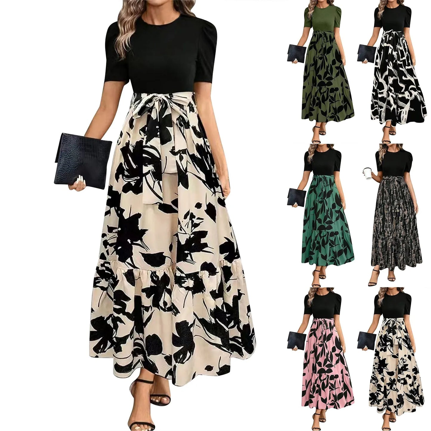 Dresses Elegant Office Lady Outfits A-line Lace-up Slim Fit Waist Ruffle Hem Skirt Women Dress Summer vestidos de mujer casuales