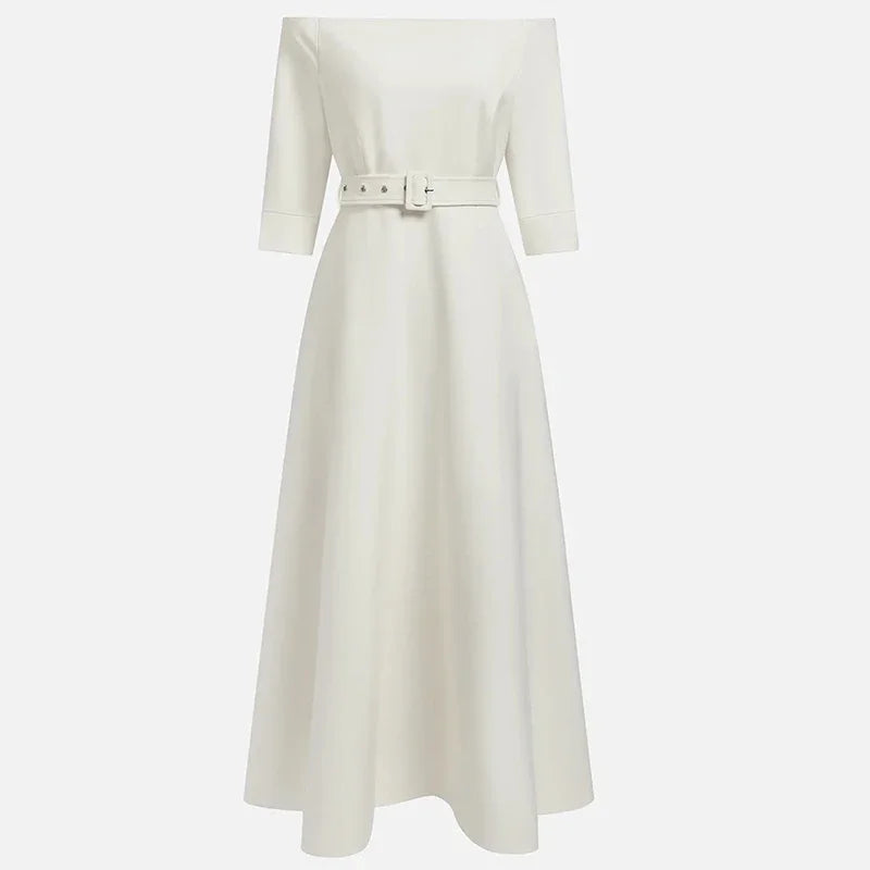 Elegant Party Dresses For Women One Shoulder Half Sleeve High Waisted A-Line Long Dress Women Offfice Dress White