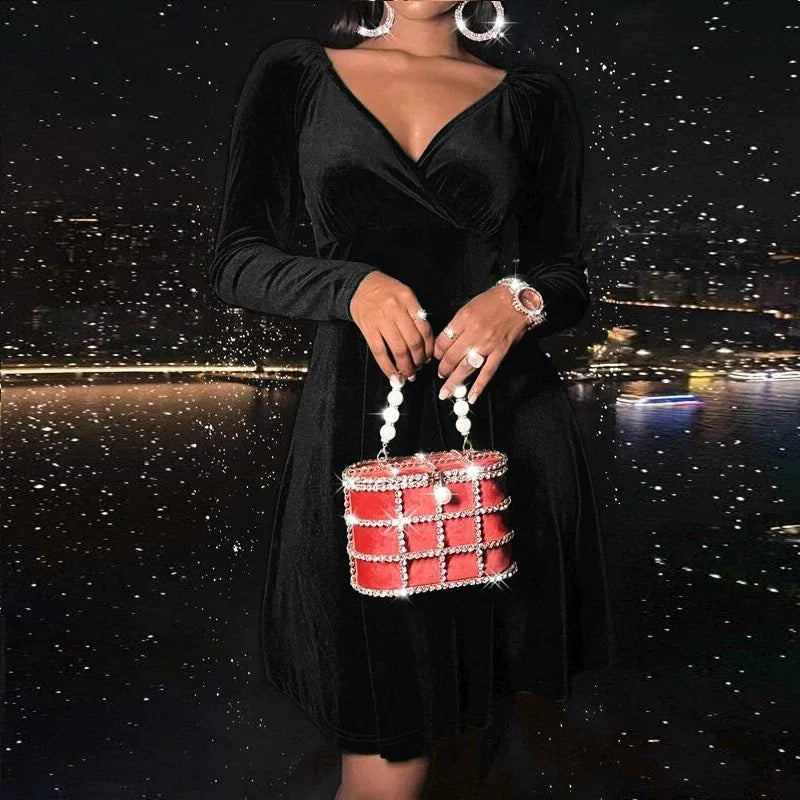 Dresses for Women 2025 Autumn Black Long Sleeve Women Dress Elegant V-Neck Slim A-LINE Dress Women Vestidos De Verano Mujer Q40